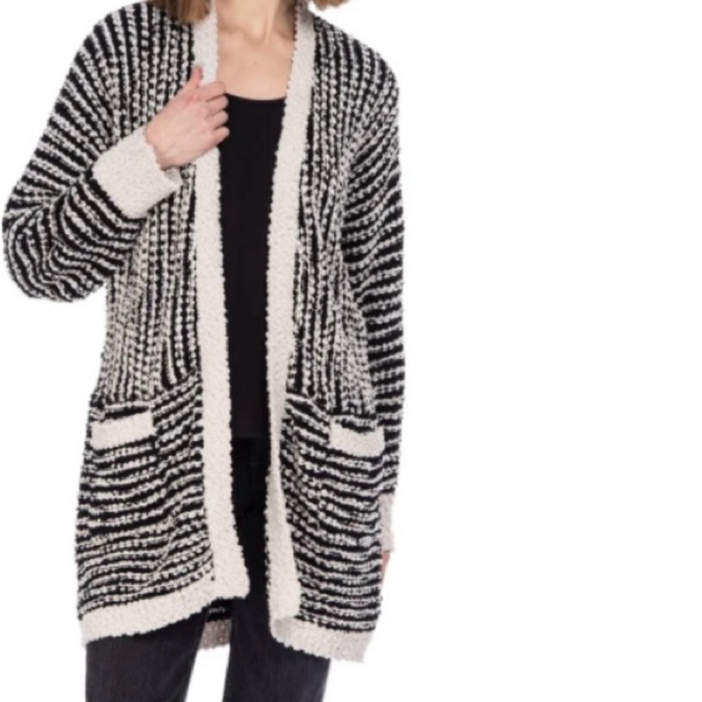 Bobeau Black and White Striped Cardigan Sweater